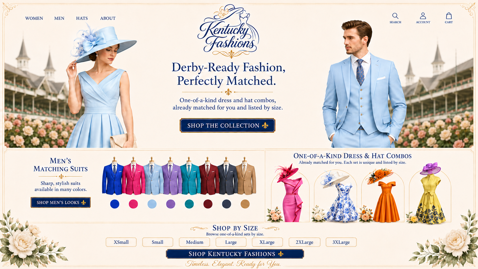 Kentucky Fashions — Derby-ready dresses, hats, matched combinations, and men's suits