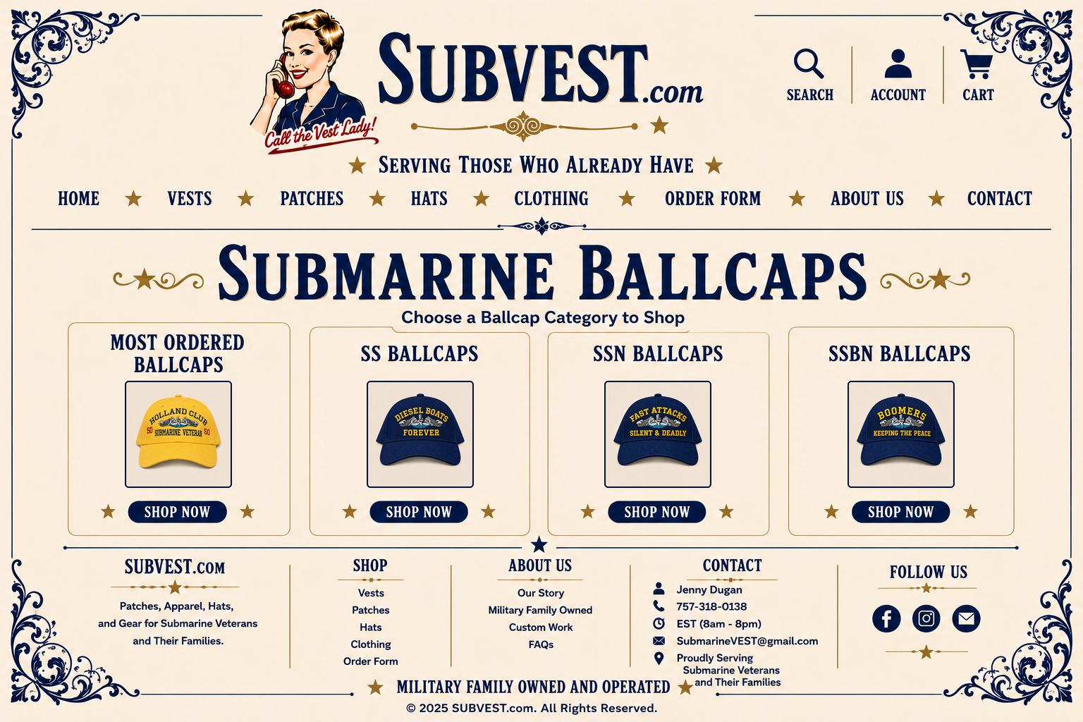 SUBVEST Submarine Ballcaps — choose Most Ordered, SS, SSN, or SSBN Ballcaps